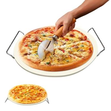 Imagem de Pedra de pizza redonda de 33 cm,pedra de cozimento plana de cerâmica resistente ao calor com roda de corte e rack de metal para forno e grelha,fazendo pizza de crosta crocante,pão,biscoitos,bege