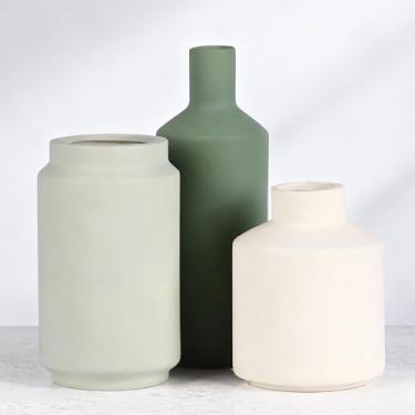 Imagem de Conjunto de 3 vasos de cerâmica, vasos decorativos rústicos para casa de fazenda, vasos de cerâmica para buquê, grama pampa, flores frescas secas, mesa, sala de estar, cozinha (verde escuro e verde