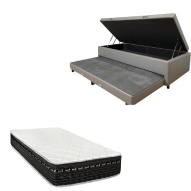 Imagem de Cama Box Baú Solteiro com Auxiliar (Bicama) + Colchão Eagle Molas Bonnel 22cm | Kit Completo com Cabeceira Botonê Opcional | Diversas Cores (2, CORINO CINZA, SEM CABECEIRA)