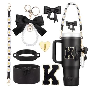 Imagem de Rabrgab Conjunto de acessórios para copos Stanley pretos de 7 peças – topo de palha com laço, pingente de laço fofo, bota de silicone com design de laço, alça de alça de garrafa de água e adesivo de