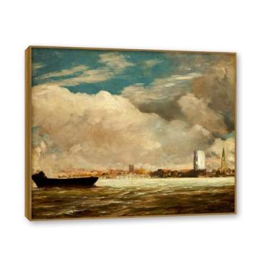 Imagem de NHLDZYH Moldura de teca. Arte de parede John Constable, (Rio Tâmisa), pôster de pinturas famosas, impressão de imagem retrô romântica decoração de parede. 30 x 36 cm - 11,8 x 14,2 pol