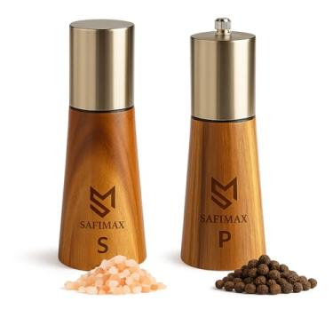Imagem de SAFIMAX Conjunto de saleiro e moedor de pimenta de madeira de acácia premium – Moinhos de cerâmica ajustáveis, conjunto de moedor de madeira recarregável de 18 cm com design ergonômico para cozinha e