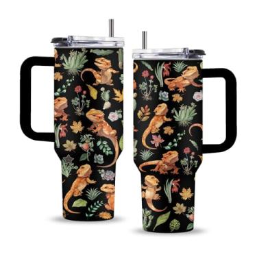 Imagem de Uibunoo Presentes para amantes de camaleão, copo camaleão de 1,134 g com alça e canudo, presentes de aniversário para amantes de animais, homens, pai, avô, amigo, copo camaleão de aço inoxidável