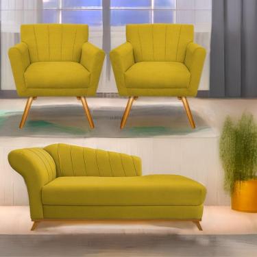 Imagem de Kit Diva Recamier Vanessa 140Cm Lado Direito E 02 Poltronas Laura Suede Cor Amarelo