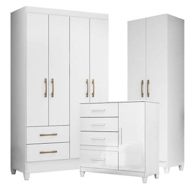 Imagem de Guarda Roupa Solteiro Chile com Cômoda Vênus com pés e Armário Multiuso New Íris Branco Brilho - Moval