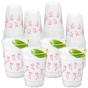 Imagem de HYMENEX 50 peças de copos de laço rosa, copos de plástico com laço fofo de 340 g para casamento, chá de bebê, decoração de festa de aniversário, lembrancinhas