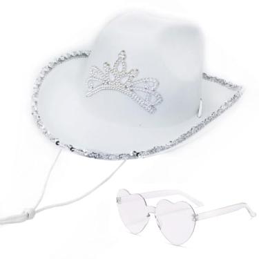 Imagem de Velorique Conjunto de chapéu de cowboy e bandana ocidental, aba larga com lantejoulas, chapéus de vaqueira e cachecol de borla para festa de cosplay, Branco, tamanho �nico