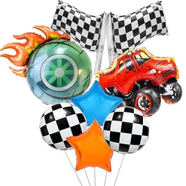 Imagem de Hot Race Car Party Supplies Balloons,Flaming Tire/Checkered Flag/Monster Truck & Blue Orange Star Foil Balloons for Monster truck birthday decorations/Racing car Decor
