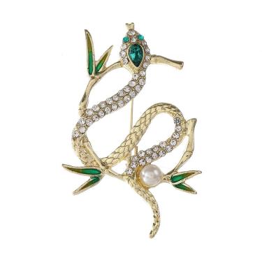Imagem de Broche Pin Snake com design de folha de bambu verde e pérola