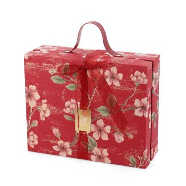 Imagem de Caixa de presente elegante arte floral vermelha com alça e fita 20,5 c
