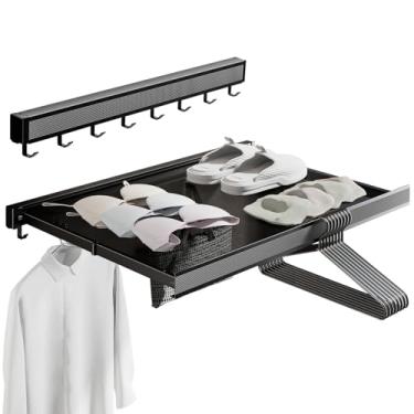 Imagem de HOHOWU Rack de secagem dobrável montado na parede, escorredor de roupas com ganchos, porta-toalhas retráteis sem broca para banheiro, pendurar ao ar livre, roupas, sapatos, meias, prateleiras-Balck