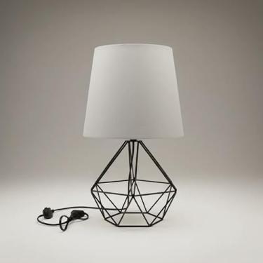 Imagem de Abajur Luminária Base Diamante P/Quarto Sala Cúpula Tecido Cúpula Branco Estrutura Preto