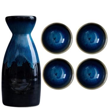 Imagem de Conjunto de saquê de cerâmica esmaltada, copos de garrafa japoneses de 5 peças, cerâmica azul 286.3 g 300 ml, 96.4 g 100 ml, seguro para micro-ondas e lava-louças