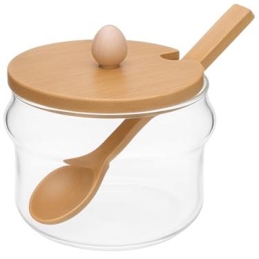 Imagem de Pote de Vidro com Tampa de Bambu e Colher, Recipiente Hermético para Condimentos, Açúcar e Temperos, Tampa Decorativa com Alça