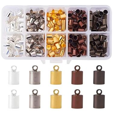 Imagem de Conjunto de 200 tampas de cabo de metal, tamanhos variados em latão, bronze, bronze metálico, prata e ouro para projetos de joias, artesanato em couro e cordão, vem em uma caixa de armazenamento
