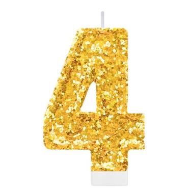 Imagem de Vela de aniversário dourada número 4 para bolo, topo de bolo dourado com glitter, decorações grandes de 4 anos, suprimentos de festa para mulheres e homens, decoração de cupcake de princesa