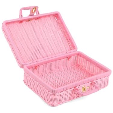 Imagem de Cesta de piquenique de vime de imitação, cesta de piquenique vintage com trava de imitação de vime com alça para diversos, viagens, acampamento e festa ao ar livre (rosa claro, 30 x 21 x 13 cm)