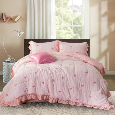 Imagem de Holawakaka Conjunto de cama de 6 peças com laço de borboleta rosa, estilo shabby chique, feminino, para meninas, adolescentes, conjunto de cama de dormitório franzido, com 6 peças