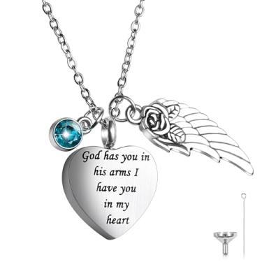 Imagem de Zerlar Colar de urna de cremação para cães de estimação e gatos com cristal de pedra do mês de nascimento, medalhão de coração, prata, urnas de aço inoxidável, pingente, lembrança, joias, memorial