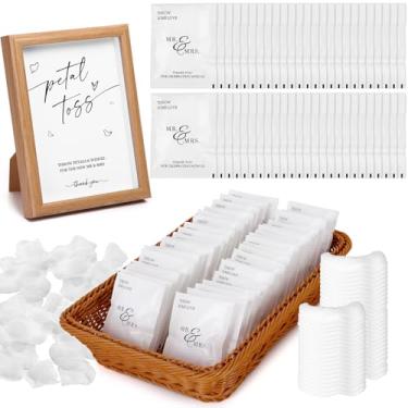 Imagem de AIOMOB 100 conjuntos de sacos de confetes de casamento, placa de mesa, cesta de tecido de vime, conjuntos de flores artificiais, pacotes de pétalas de flores de casamento para lembrancinhas de festa