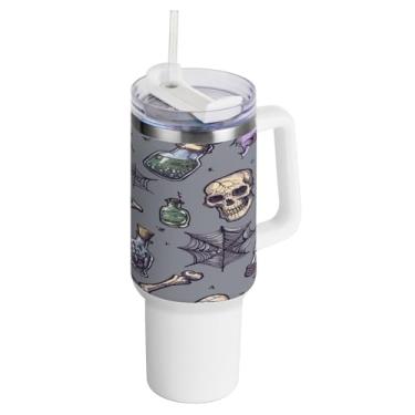Imagem de Kigai Copo de caveira engraçado de 1,134 g com tampa e canudo, copo isolado de aço inoxidável durável à prova de vazamento com alça, garrafas de água à prova de derramamento para viagens