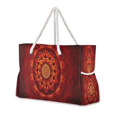 Imagem de Wassud Bolsa de praia mandala vermelha grande bolsa de praia para mulheres, impermeável, à prova de areia, bolsa de viagem com zíper e bolso para piscina academia acampamento
