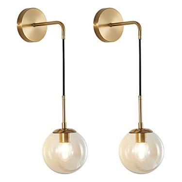 Imagem de Luminária de parede moderna com globo dourado, estilo meados do século XX, em latão bruto, com cúpula de vidro. Luminária de parede minimalista para penteadeira, com cabo ajustável.