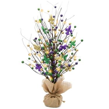 Imagem de CRCZK Decoração de Mardi Gras árvore de mesa decorativa com flor de lis, decoração de árvore artificial com 40 luzes LED para carnaval