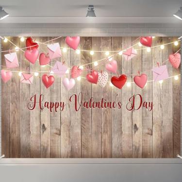 Imagem de Pano de fundo rústico para fotografia do Dia dos Namorados 182 x 111 cm - Banner de madeira feliz dia dos namorados com corações e luzes para fotos românticas