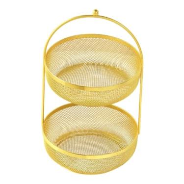 Imagem de ＫＬＫＣＭＳ Fruteira de dois andares com suporte para frutas, grande capacidade, em arame metálico, ideal para legumes, cebolas e bananas, Dourado