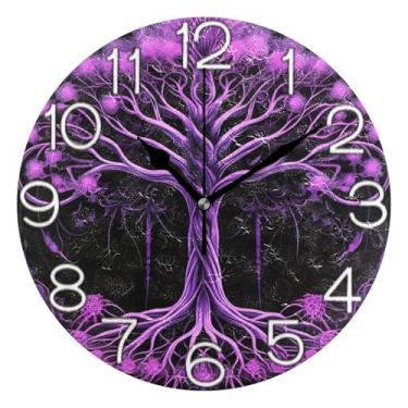 Imagem de Relógio de parede analógico decorativo relógio de cozinha rústico operado por bateria, decoração de parede vintage arte de sala de estar árvore roxa brilhante, 25 cm, ponteiros pretos