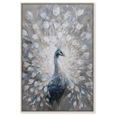 Imagem de Decoração de parede vintage com estampa de pavão branco II da Art Remedy, moldura prateada, 40 x 61 cm