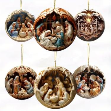 Imagem de Pacote com 6 pingentes de acrílico plano 2D para decoração de Natal de 8 cm Maria Jesus nasceu presépio decoração de árvore de Natal enfeites de decoração de casa de Páscoa