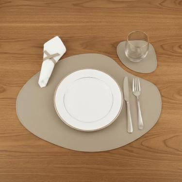 Imagem de Kit Jogo Americano Sousplat de Couro Sintético com Porta Copos para Mesa de Jantar – Jogo Americano Luxo Antiderrapante em Kits 2 4 6 8 Peças (Bege,6)