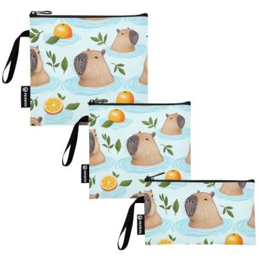 Imagem de Lindas capivaras sacos de lanche de animais de natação e saco de sanduíche reutilizáveis sacos de armazenamento de alimentos de tecido lavável com zíper para estudantes (conjunto de 3: P/M/G)