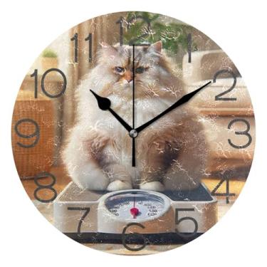 Imagem de GAIGEO Relógio de parede decorativo analógico relógio de cozinha rústico estético silencioso sem tique-taque, decoração de parede vintage, sala de estar, gato gordo, engraçado, 25 cm, ponteiros pretos