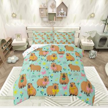 Imagem de Erosebridal Conjunto de edredom de solteiro, para casa, com laços coloridos, para quarto de meninas, meninos, crianças, adultos, animais fofos, borboleta, floral, arco-íris, edredom verde e marrom