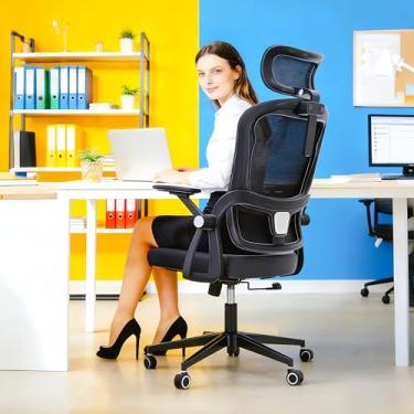 Imagem de Cadeira de escritório ergonômica – Cadeiras de mesa confortáveis de 181 kg com encosto de cabeça ajustável e suporte para as costas lombar, cadeiras de computador de malha com rodas e braços para