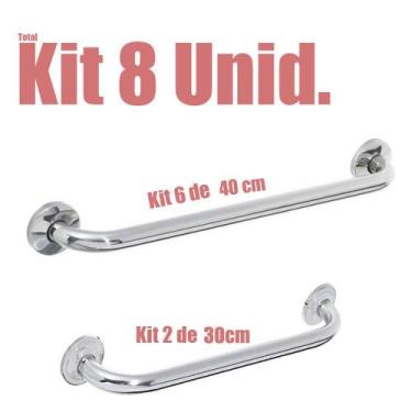 Imagem de Kit 8 Alças de Apoio Banheiro Inox Barras 2 unid 30cm e 6 unid 40cm Id