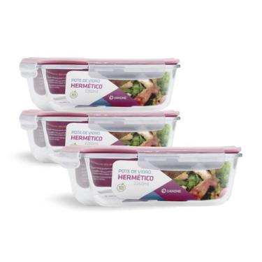 Imagem de Kit 3 Potes Vidro Retangular Hermético C Tampa 2260ml Forno - NABOX, V