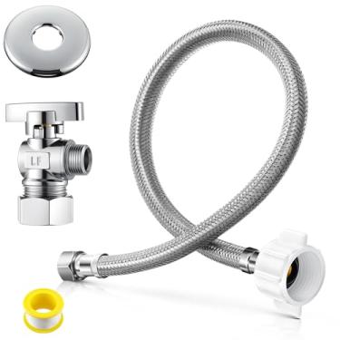 Imagem de 1 conjunto completo de válvulas de vaso sanitário, inclui entrada Nom de 1,27 cm x ângulo de saída de compressão OD de 3/20.3 cm, linha de abastecimento de água de vaso sanitário de aço inoxidável