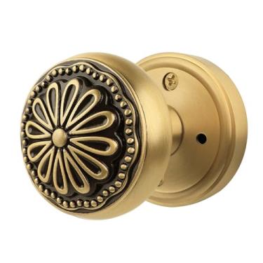 Imagem de FLIRABBIT Maçaneta de porta de passagem de latão escovado e preto – Alça interna sem travamento com medalhão floral, estilo Art Deco para corredor, armário e portas de cozinha (latão preto e escovado