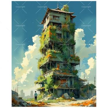 Imagem de TAOPAOLAB Kit de pintura de arquitetura por números para adultos – Pintura em tela de ruínas de torre cobertas de vegetação DIY 40 x 50 cm, conjunto de tinta acrílica, adequado para iniciantes, arte