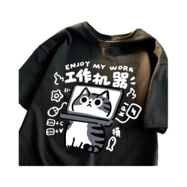 Imagem de Camiseta Feminina De Verão Estilo Japonês Com Estampa De Gato, Gola Re