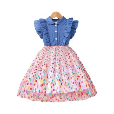 Imagem de Vestido Colorido Com Mangas Em Camadas E Estampa De Poá Para Meninas, 