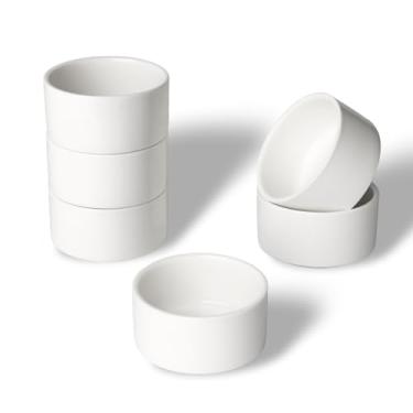 Imagem de Conjunto de 6 mini ramequins de porcelana de 59 ml, pequeno prato de suflê de cerâmica, projetado exatamente para molhos, ketchup, salsa e geleias, 60 ml, branco