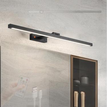 Imagem de GZZBMY Luz de Espelho LED Banheiro Lâmpadas de Parede Recarregáveis com Controle Remoto Brilho Ajustável Iluminação de Parede 180° Rotação Imagem Iluminação Penteadeira (Luz Branca Preta, 60 cm)