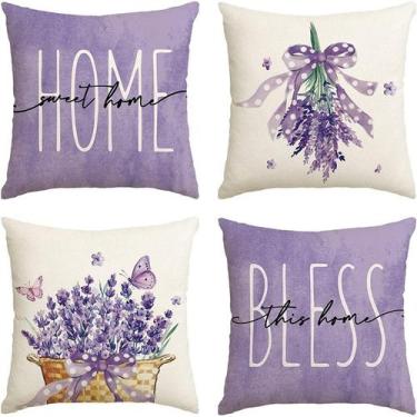 Imagem de Conjunto de fronhas, lavanda, estampa floral, linho 45x45cm, 4 peças -