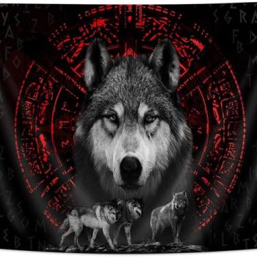 Imagem de Tapeçaria para pendurar na parede Wolf Viking Norse Red Rune Circle - 
