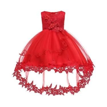 Imagem de Vestido De Princesa Vermelho Com Renda E Flores Para Meninas Pequenas,